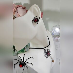 3PC CREEPY WIDOW SPIDER SET HANDMADE PAINTED etc. STRETCHY CHOKER W/EXTENSION